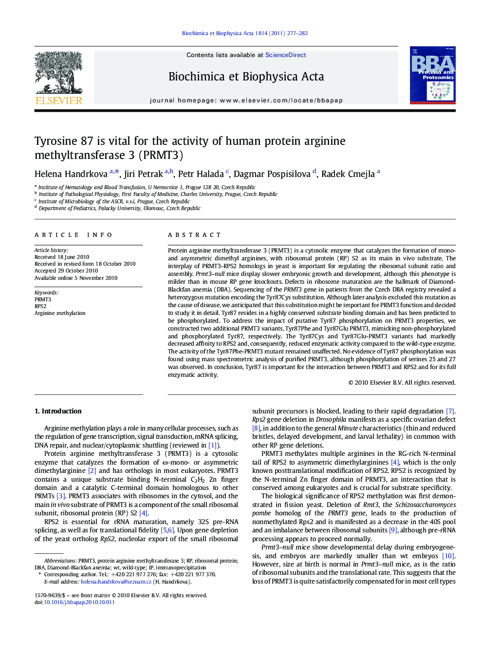 Tyrosine 87 is vital for the activity of human protein arginine methyltransferase 3 (PRMT3)