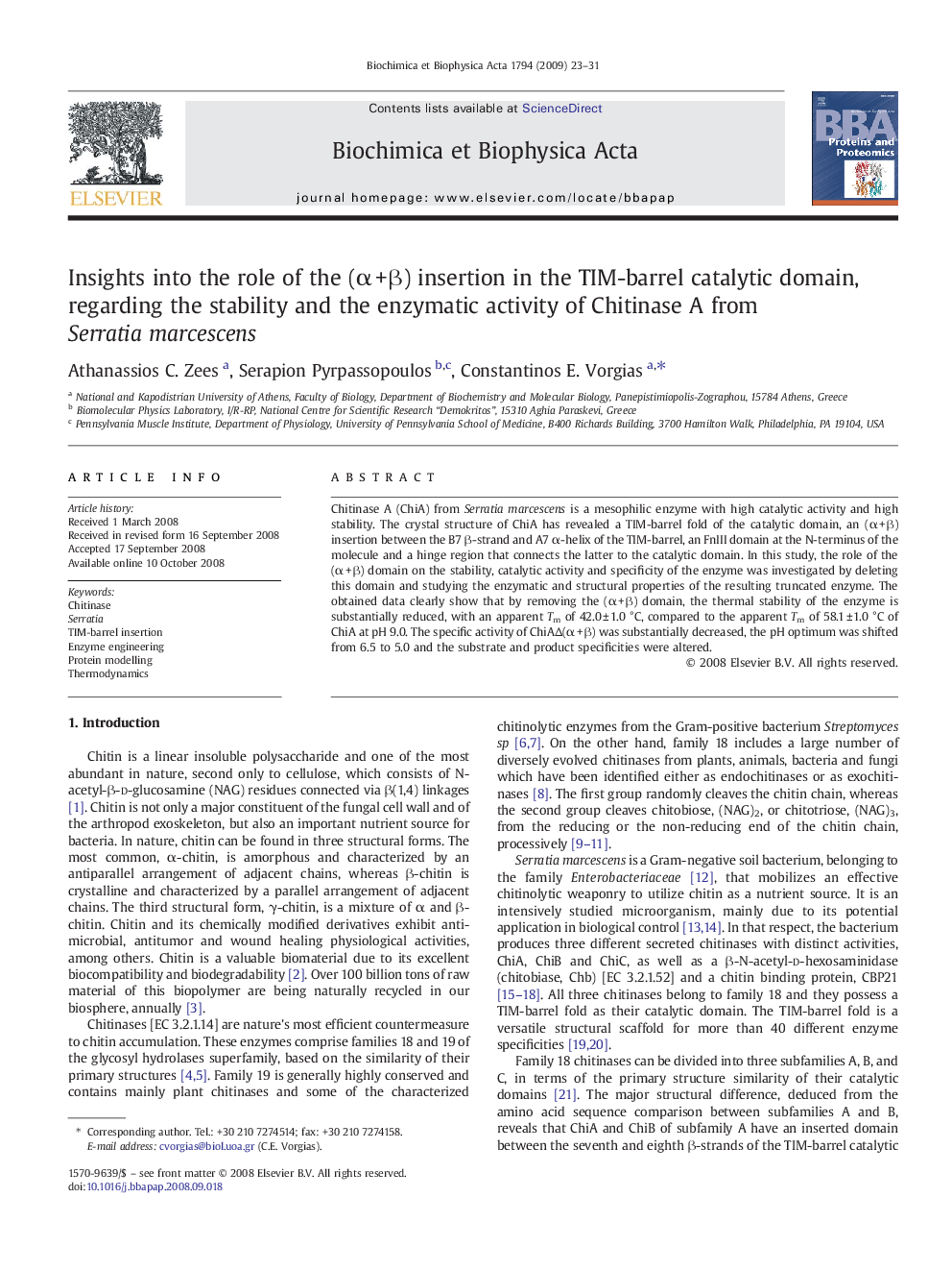 Insights into the role of the (α + β) insertion in the TIM-barrel catalytic domain, regarding the stability and the enzymatic activity of Chitinase A from Serratia marcescens