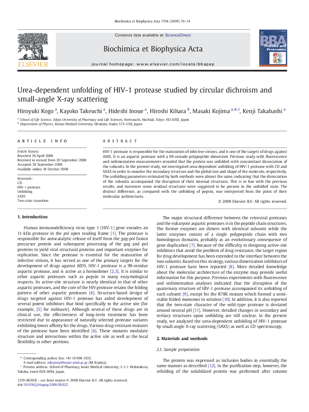 Urea-dependent unfolding of HIV-1 protease studied by circular dichroism and small-angle X-ray scattering