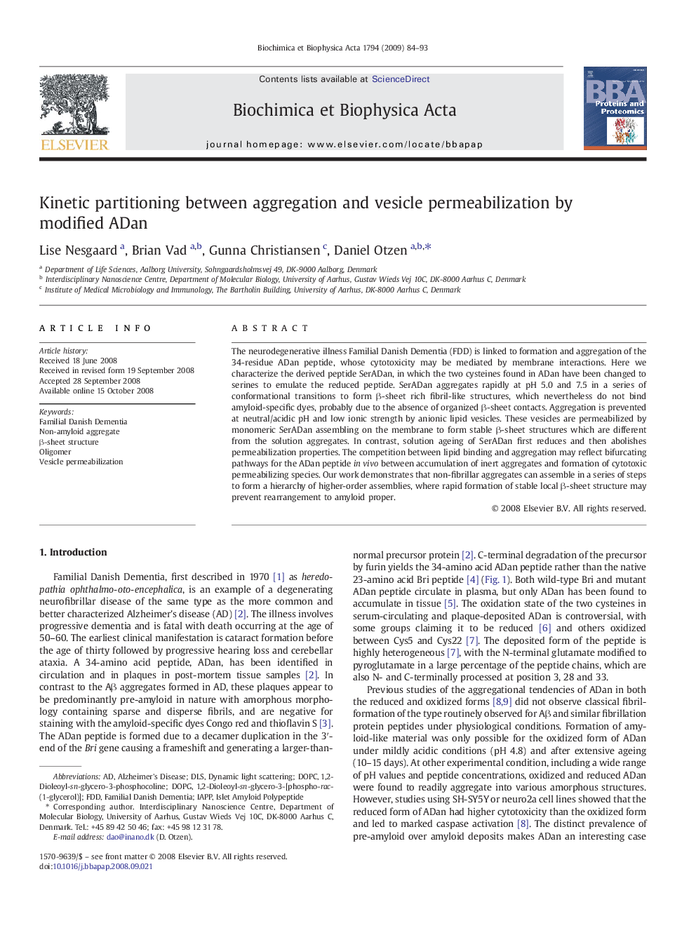 Kinetic partitioning between aggregation and vesicle permeabilization by modified ADan