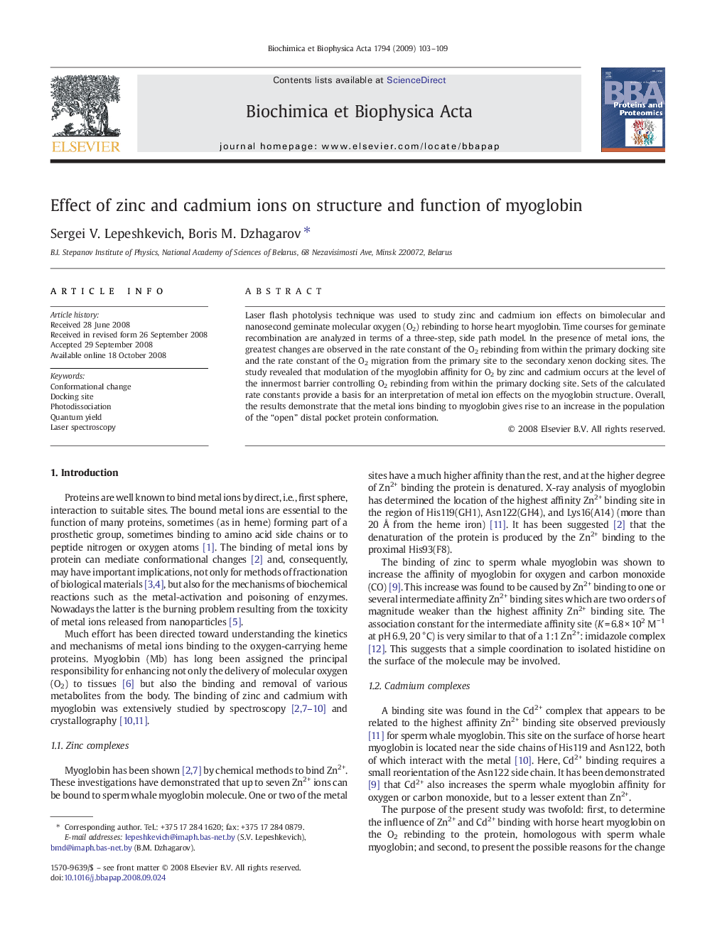 Effect of zinc and cadmium ions on structure and function of myoglobin