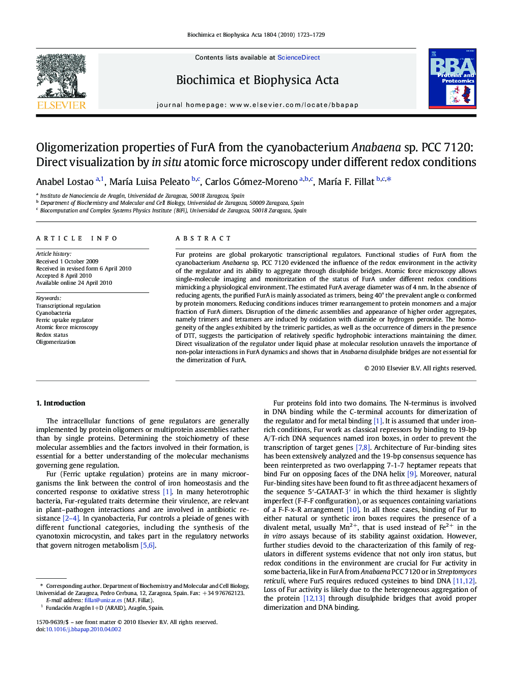 Oligomerization properties of FurA from the cyanobacterium Anabaena sp. PCC 7120: Direct visualization by in situ atomic force microscopy under different redox conditions