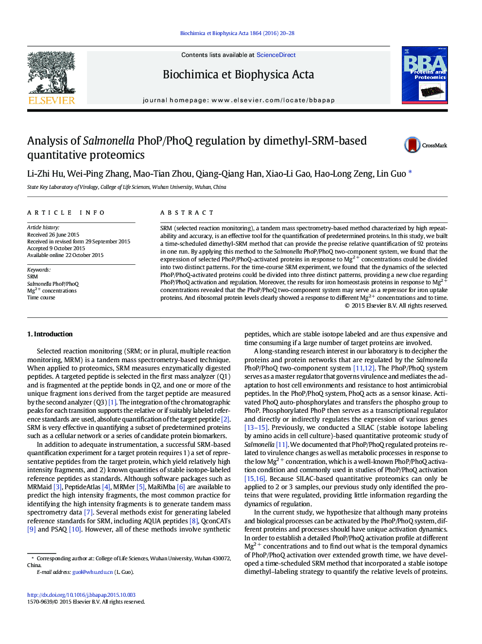 Analysis of Salmonella PhoP/PhoQ regulation by dimethyl-SRM-based quantitative proteomics