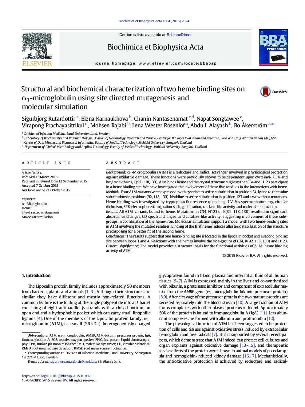 Structural and biochemical characterization of two heme binding sites on α1-microglobulin using site directed mutagenesis and molecular simulation