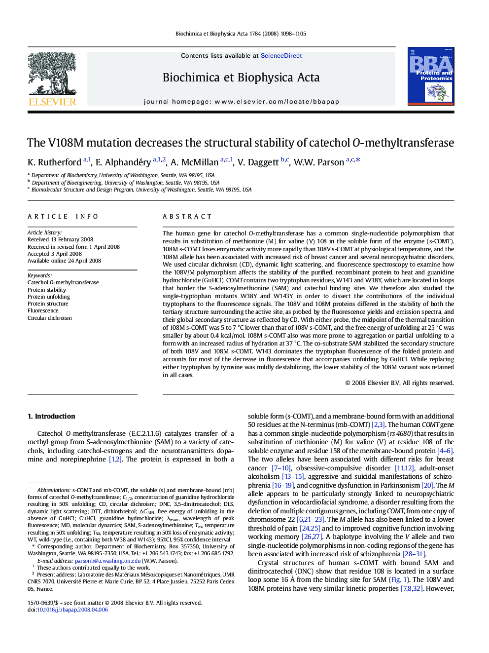 The V108M mutation decreases the structural stability of catechol O-methyltransferase