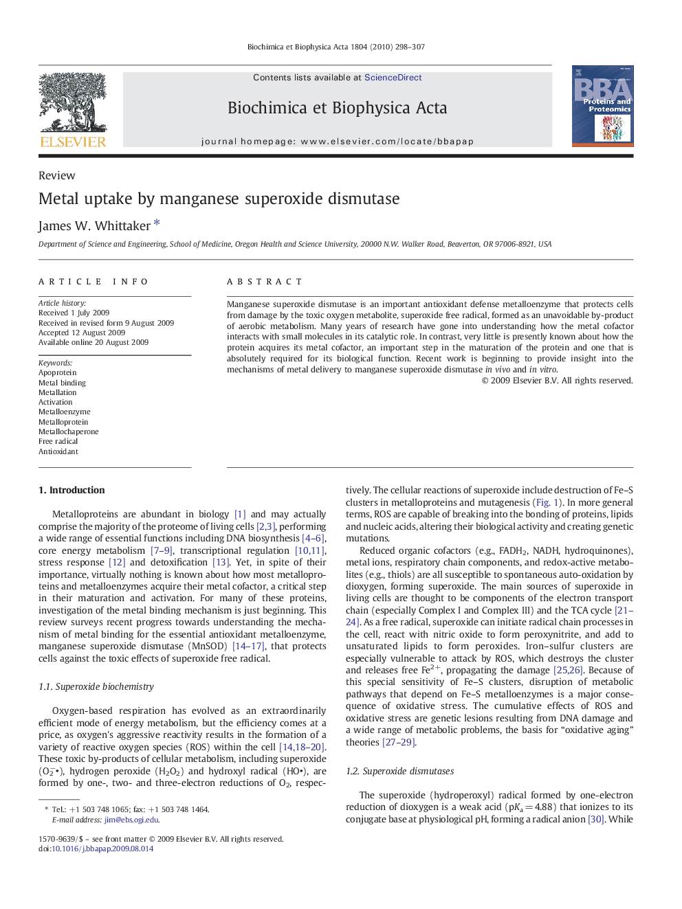 Metal uptake by manganese superoxide dismutase