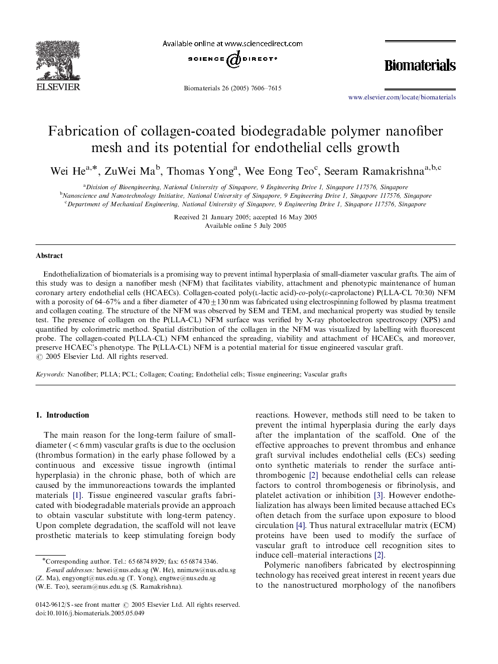 Fabrication of collagen-coated biodegradable polymer nanofiber mesh and its potential for endothelial cells growth