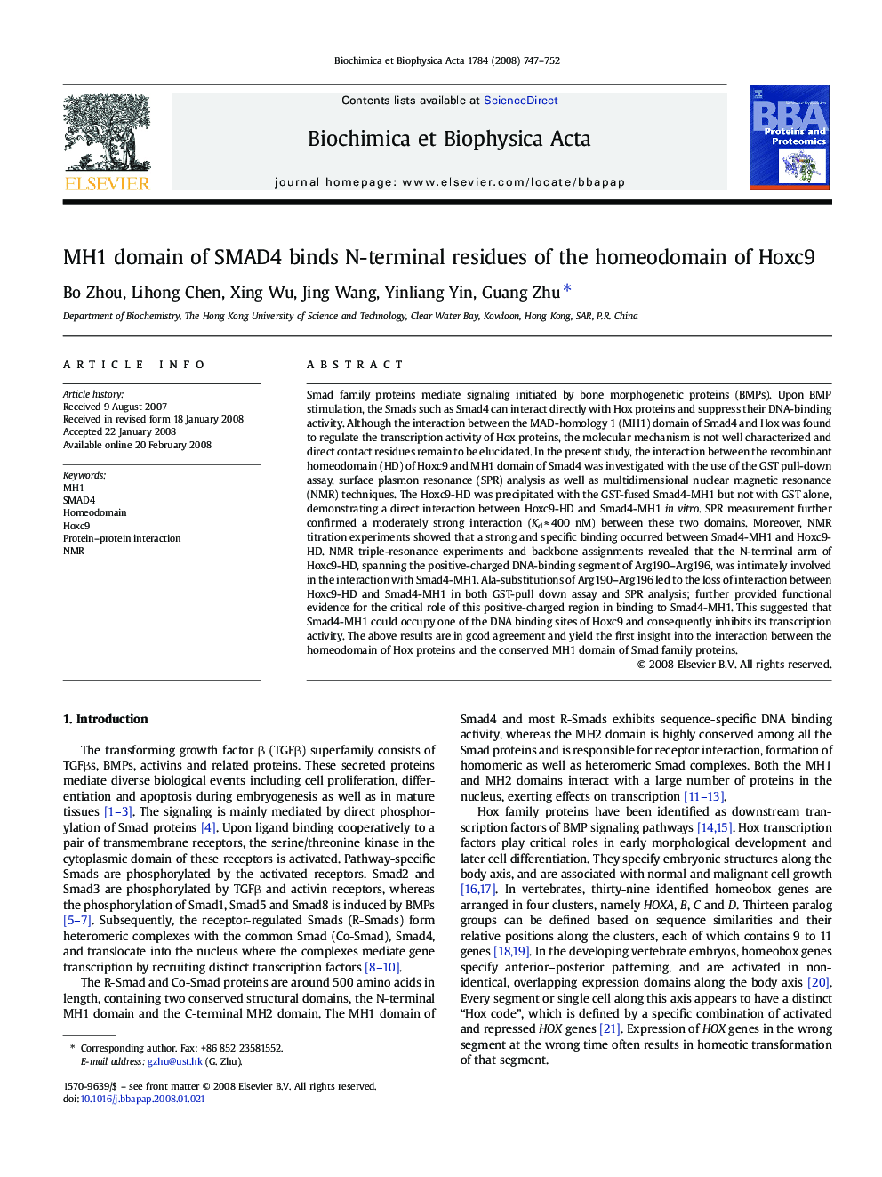 MH1 domain of SMAD4 binds N-terminal residues of the homeodomain of Hoxc9