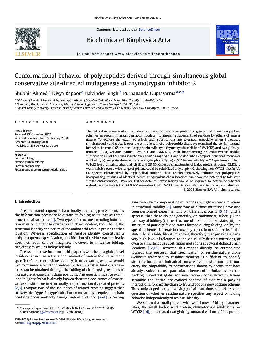 Conformational behavior of polypeptides derived through simultaneous global conservative site-directed mutagenesis of chymotrypsin inhibitor 2