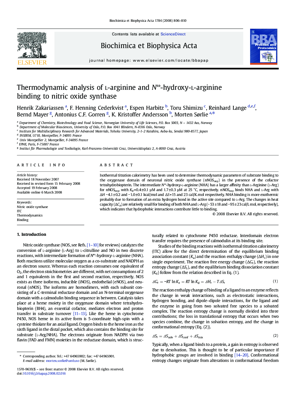 Thermodynamic analysis of l-arginine and Nω-hydroxy-l-arginine binding to nitric oxide synthase