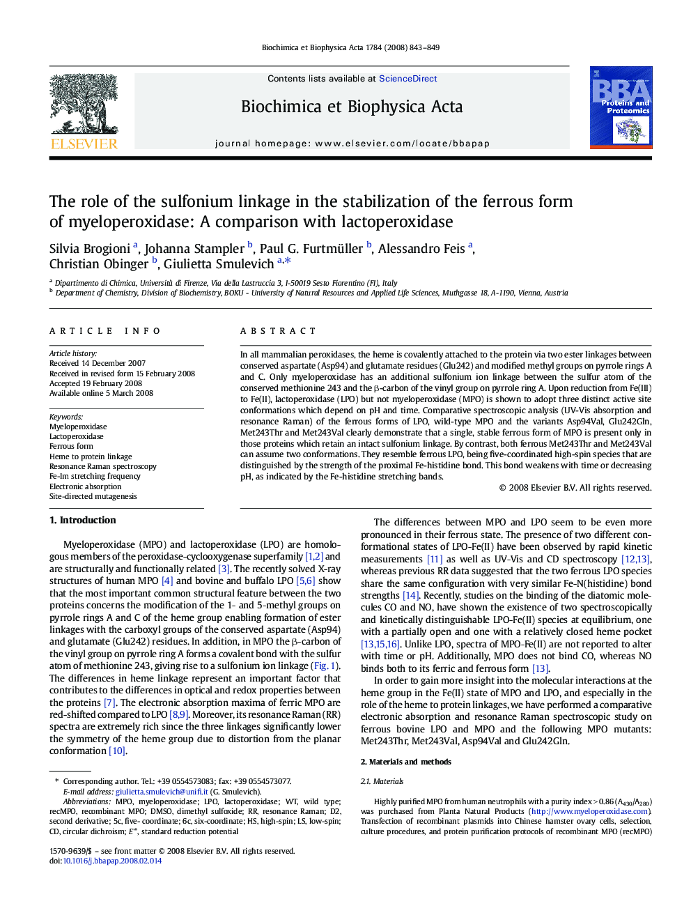 The role of the sulfonium linkage in the stabilization of the ferrous form of myeloperoxidase: A comparison with lactoperoxidase