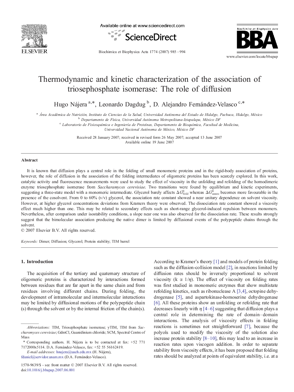 Thermodynamic and kinetic characterization of the association of triosephosphate isomerase: The role of diffusion