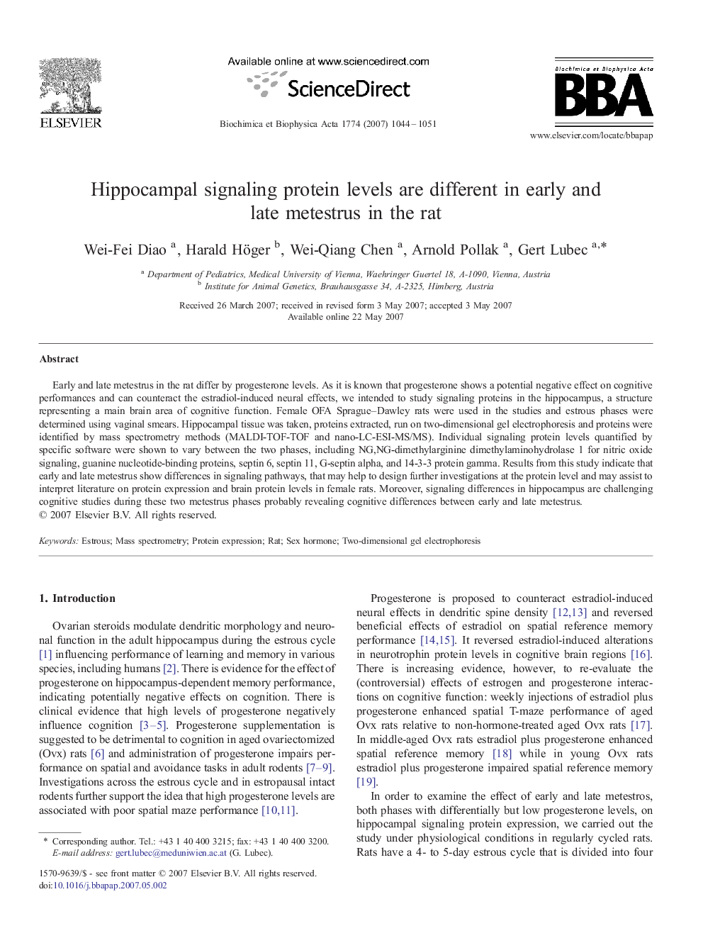 Hippocampal signaling protein levels are different in early and late metestrus in the rat