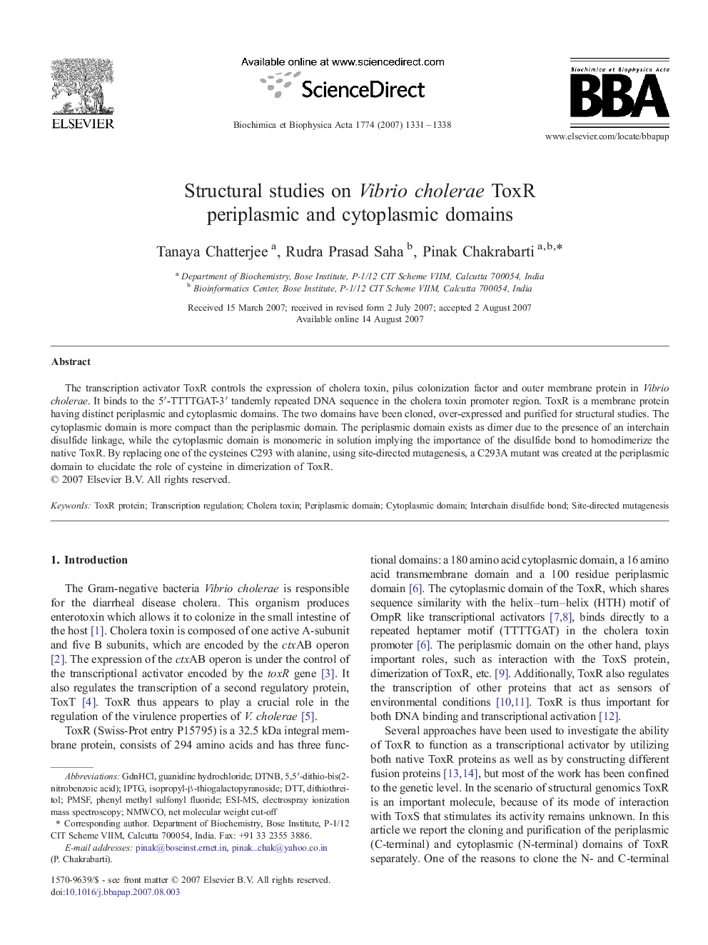 Structural studies on Vibrio cholerae ToxR periplasmic and cytoplasmic domains