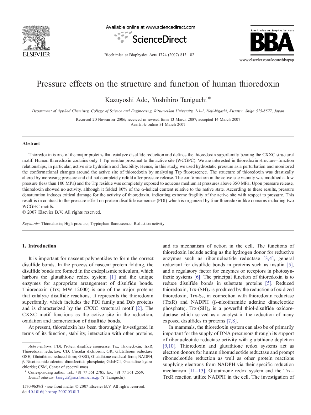 Pressure effects on the structure and function of human thioredoxin