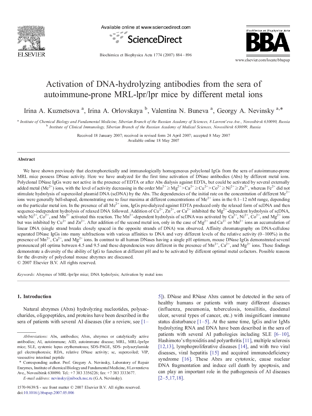 Activation of DNA-hydrolyzing antibodies from the sera of autoimmune-prone MRL-lpr/lpr mice by different metal ions