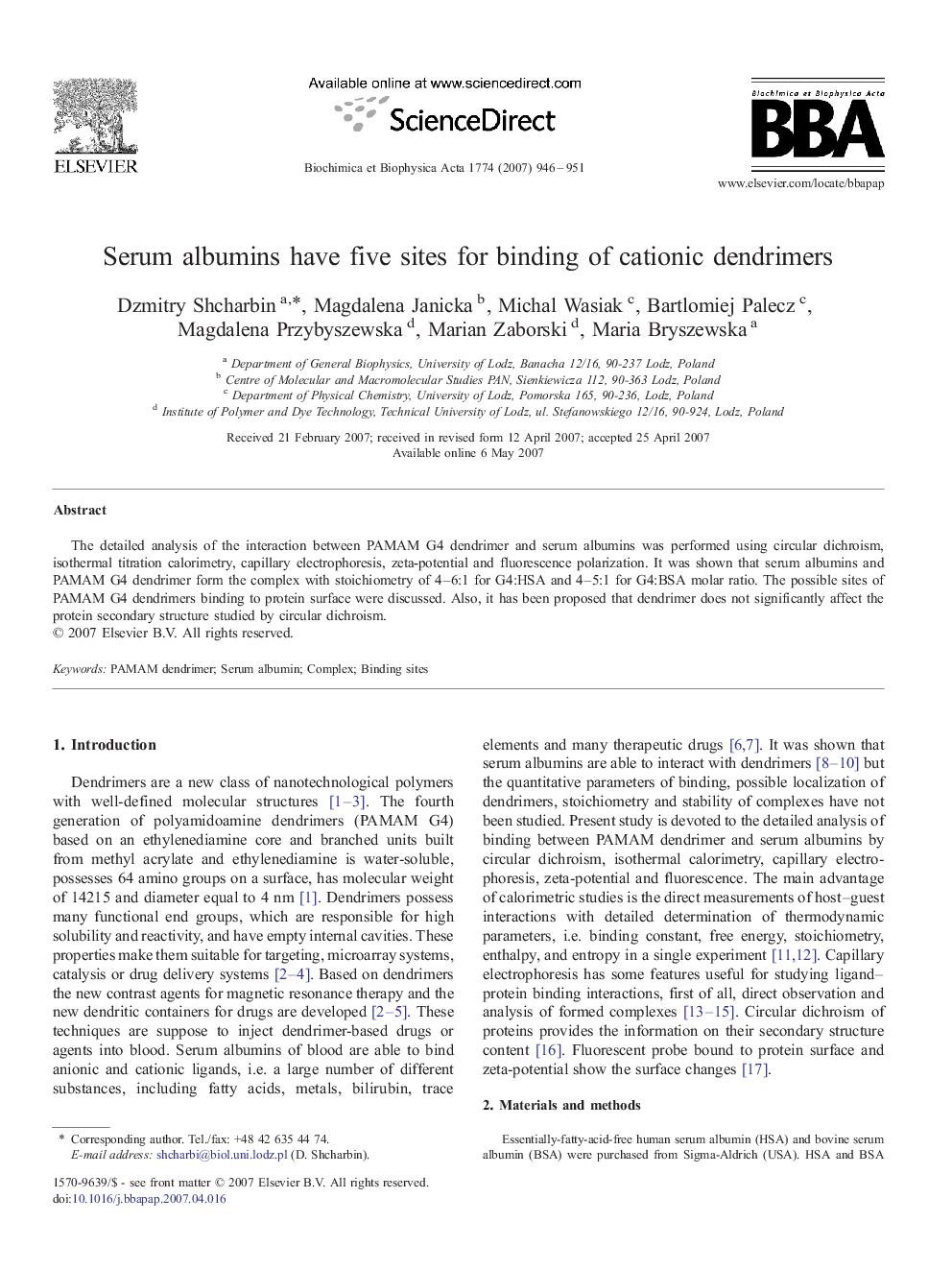 Serum albumins have five sites for binding of cationic dendrimers