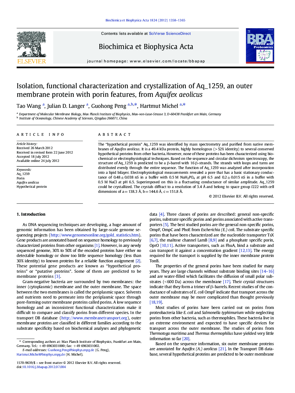 Isolation, functional characterization and crystallization of Aq_1259, an outer membrane protein with porin features, from Aquifex aeolicus