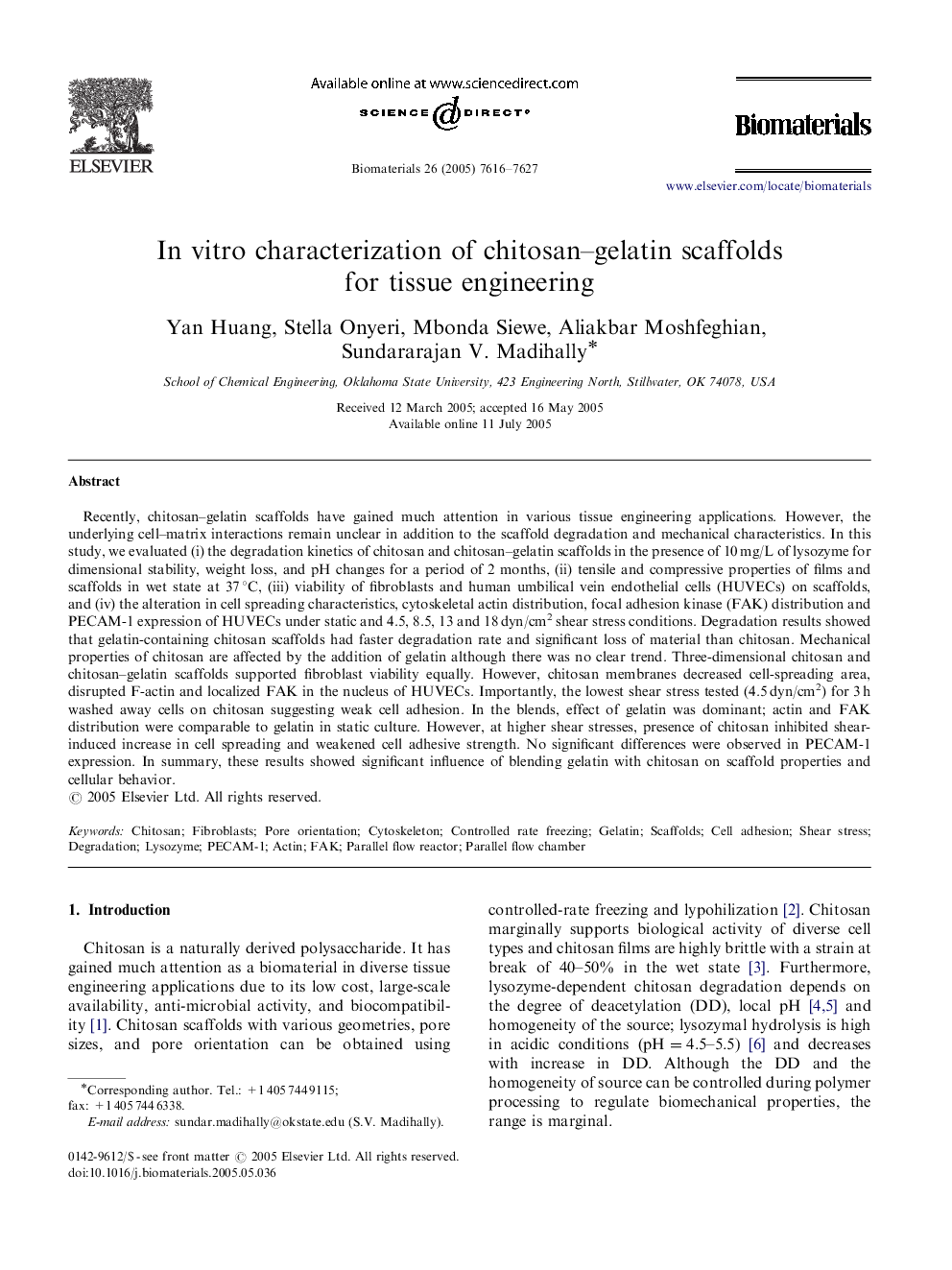 In vitro characterization of chitosan–gelatin scaffolds for tissue engineering