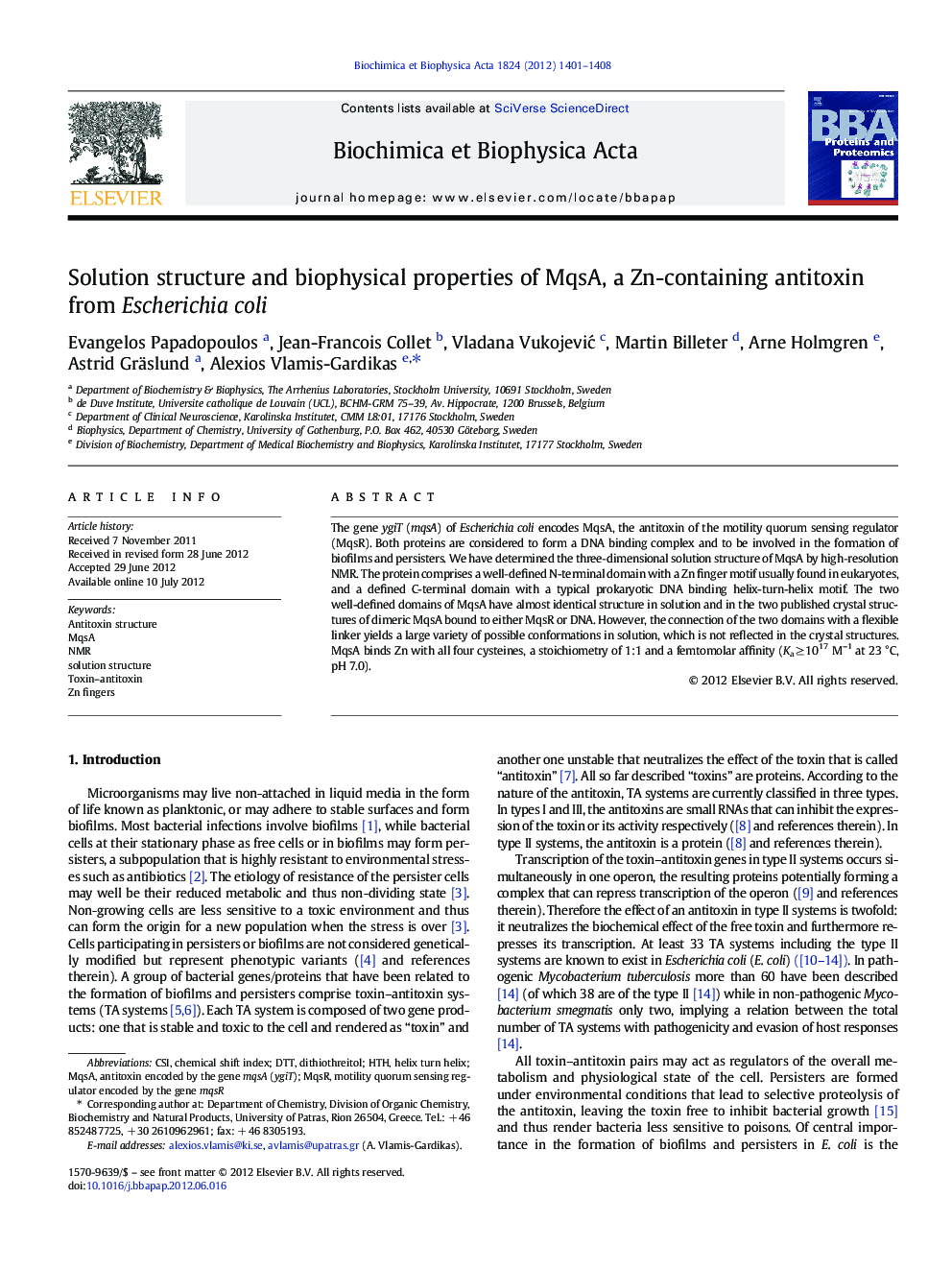 Solution structure and biophysical properties of MqsA, a Zn-containing antitoxin from Escherichia coli