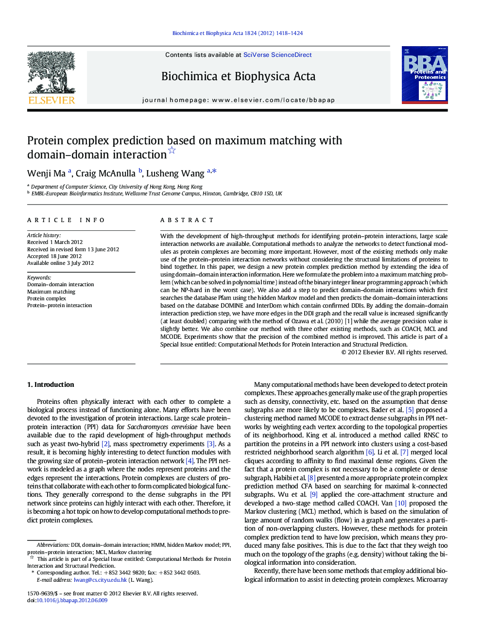 Protein complex prediction based on maximum matching with domain–domain interaction 