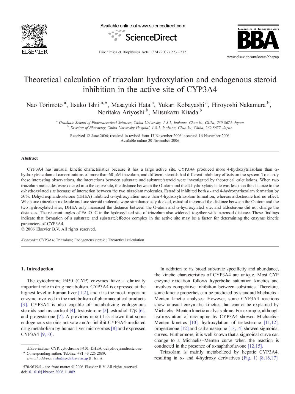 Theoretical calculation of triazolam hydroxylation and endogenous steroid inhibition in the active site of CYP3A4