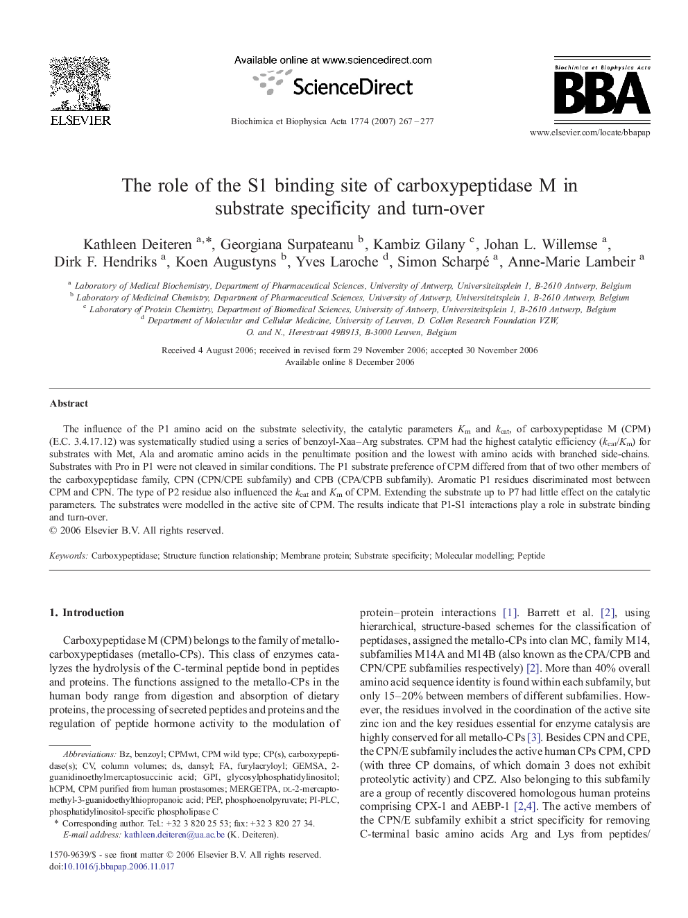 The role of the S1 binding site of carboxypeptidase M in substrate specificity and turn-over