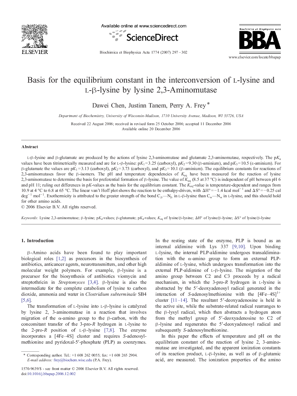 Basis for the equilibrium constant in the interconversion of l-lysine and l-β-lysine by lysine 2,3-Aminomutase