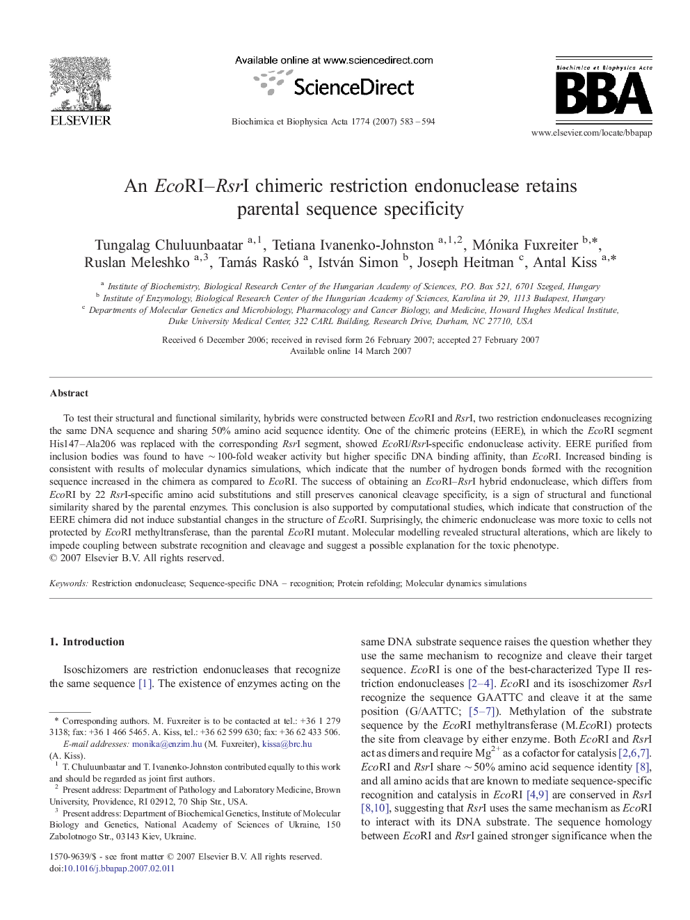 An EcoRI–RsrI chimeric restriction endonuclease retains parental sequence specificity