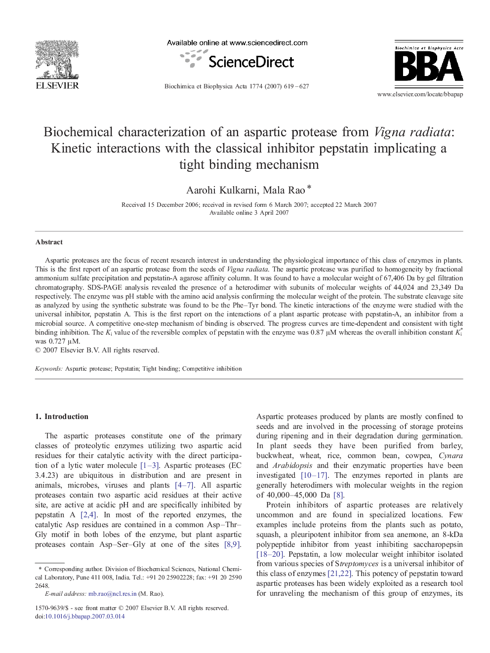 Biochemical characterization of an aspartic protease from Vigna radiata: Kinetic interactions with the classical inhibitor pepstatin implicating a tight binding mechanism