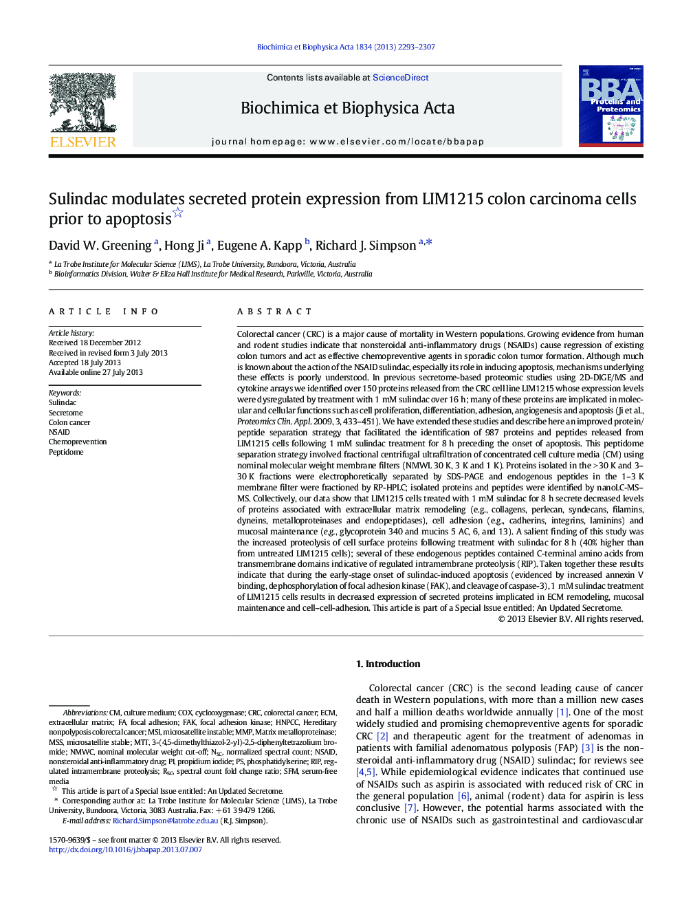 Sulindac modulates secreted protein expression from LIM1215 colon carcinoma cells prior to apoptosis 