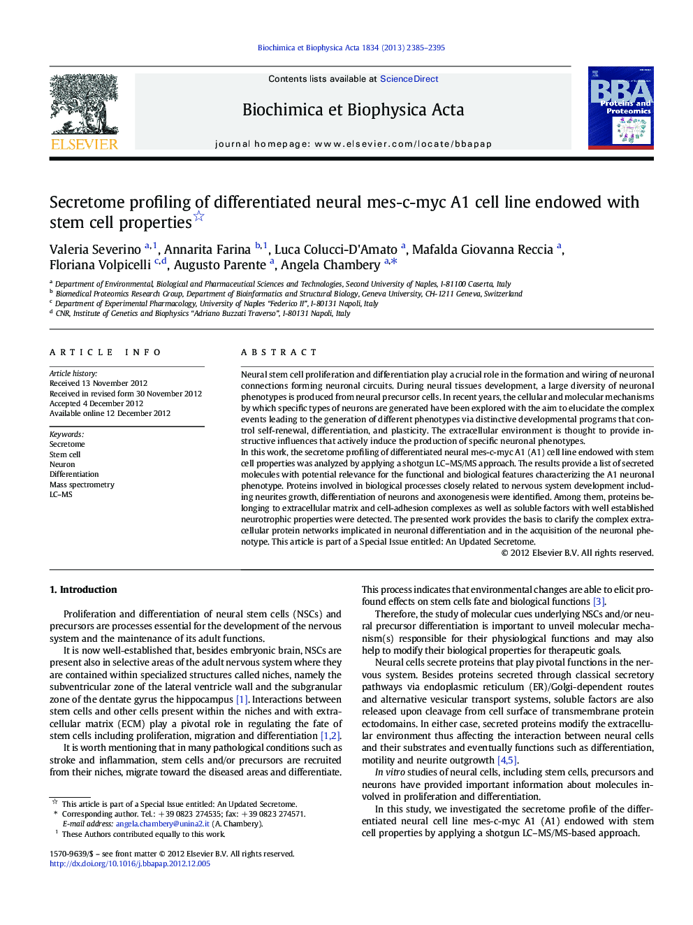 Secretome profiling of differentiated neural mes-c-myc A1 cell line endowed with stem cell properties 