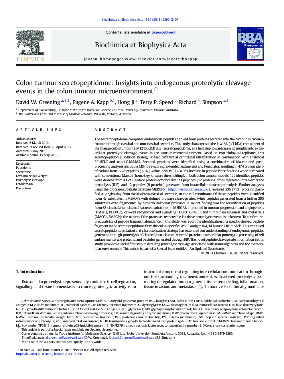 Colon tumour secretopeptidome: Insights into endogenous proteolytic cleavage events in the colon tumour microenvironment 