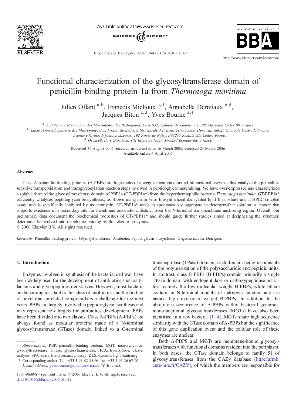 Functional characterization of the glycosyltransferase domain of penicillin-binding protein 1a from Thermotoga maritima