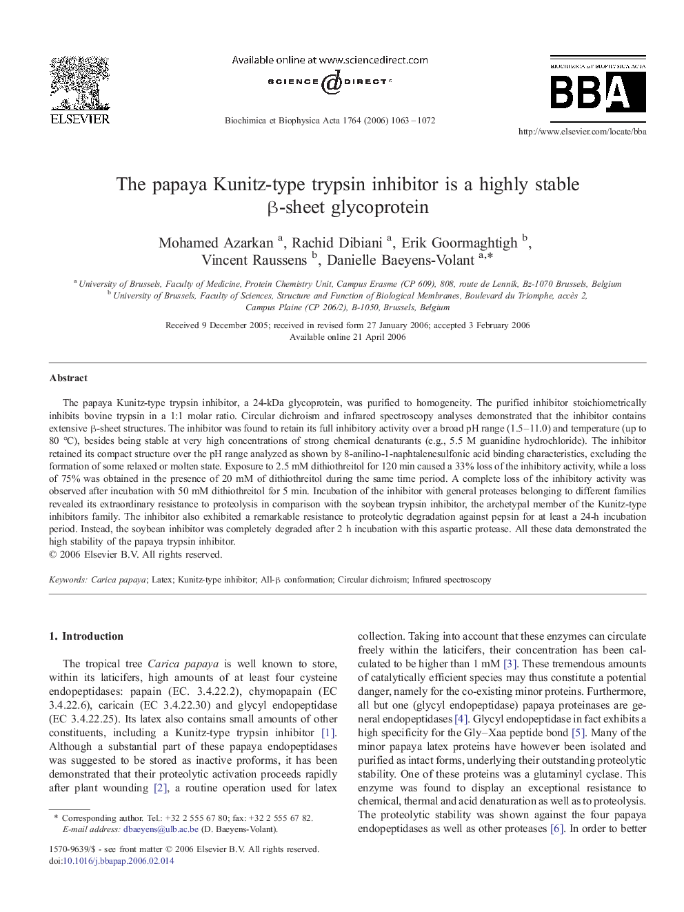 The papaya Kunitz-type trypsin inhibitor is a highly stable β-sheet glycoprotein