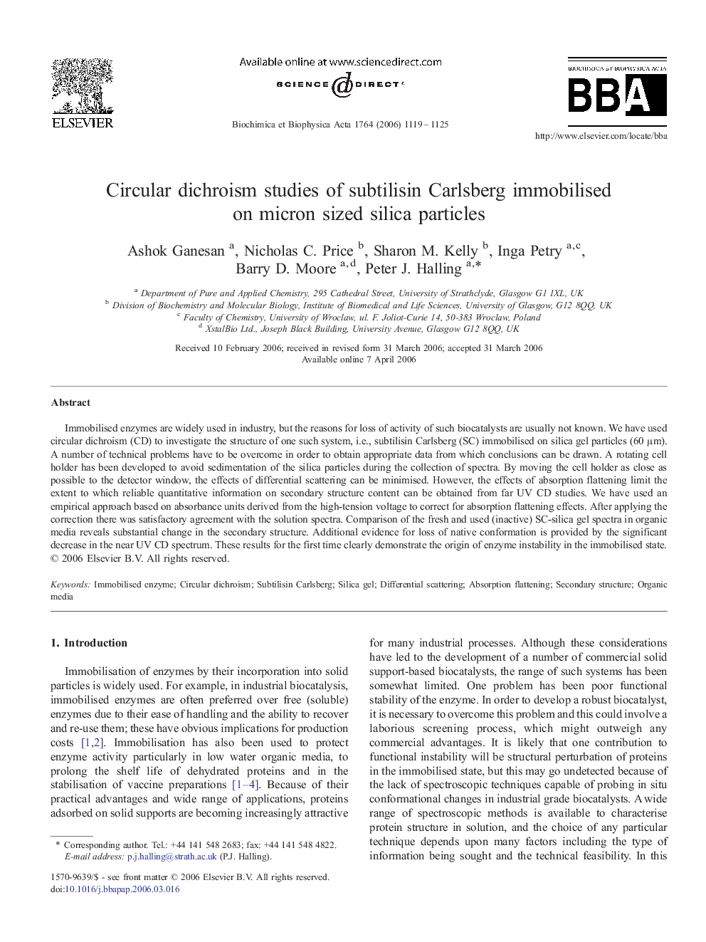 Circular dichroism studies of subtilisin Carlsberg immobilised on micron sized silica particles