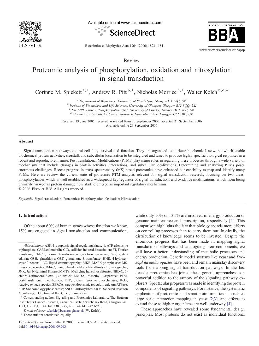 Proteomic analysis of phosphorylation, oxidation and nitrosylation in signal transduction