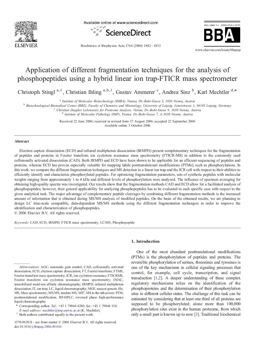 Application of different fragmentation techniques for the analysis of phosphopeptides using a hybrid linear ion trap-FTICR mass spectrometer