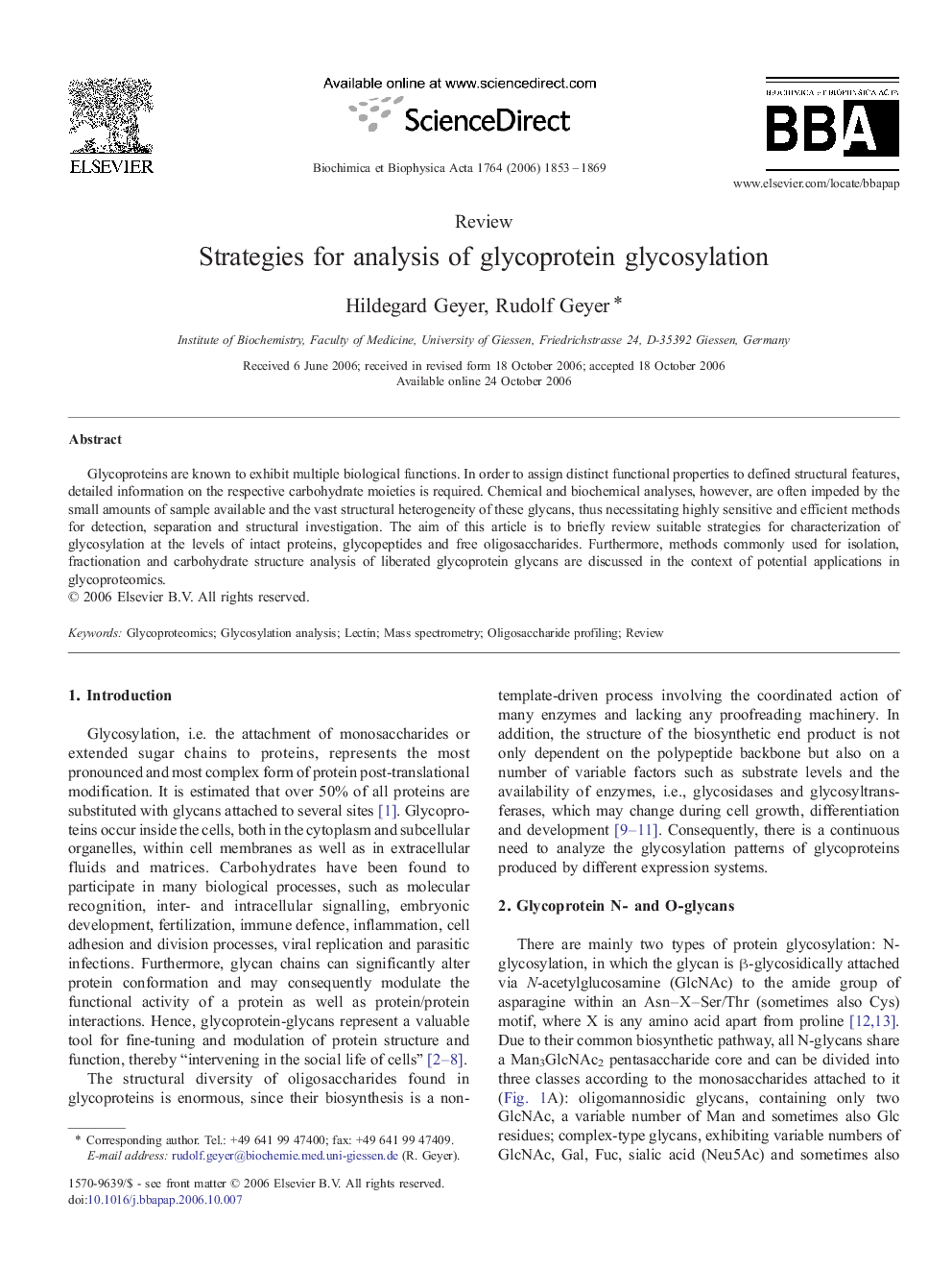 عکس صفحه اول مقاله: Strategies for analysis of glycoprotein glycosylation Strategies for analysis of glycoprotein glycosylation