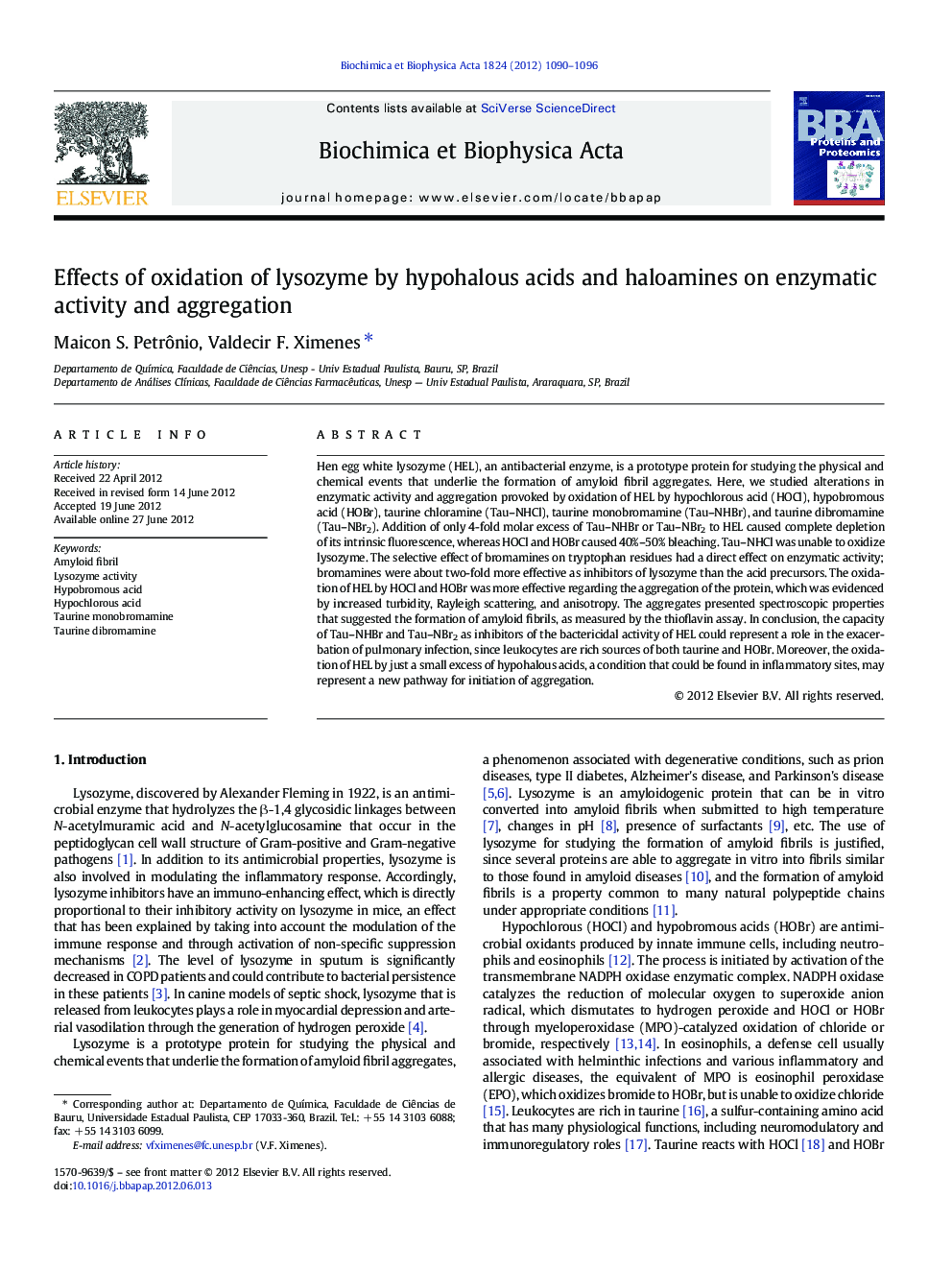 Effects of oxidation of lysozyme by hypohalous acids and haloamines on enzymatic activity and aggregation