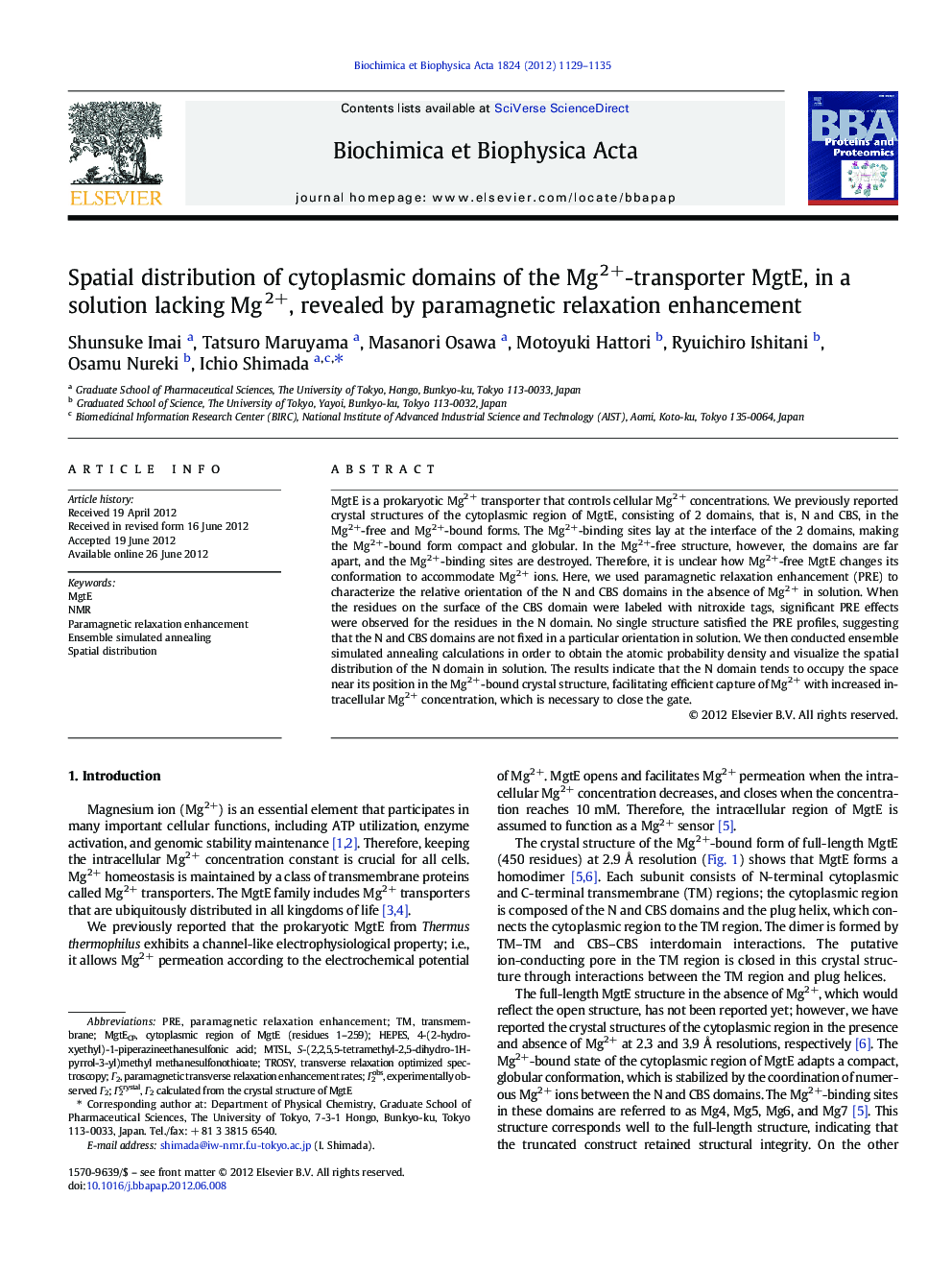 Spatial distribution of cytoplasmic domains of the Mg2+-transporter MgtE, in a solution lacking Mg2+, revealed by paramagnetic relaxation enhancement