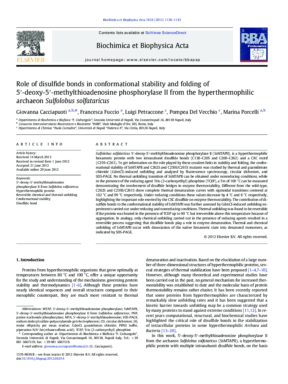 Role of disulfide bonds in conformational stability and folding of 5â²-deoxy-5â²-methylthioadenosine phosphorylase II from the hyperthermophilic archaeon Sulfolobus solfataricus