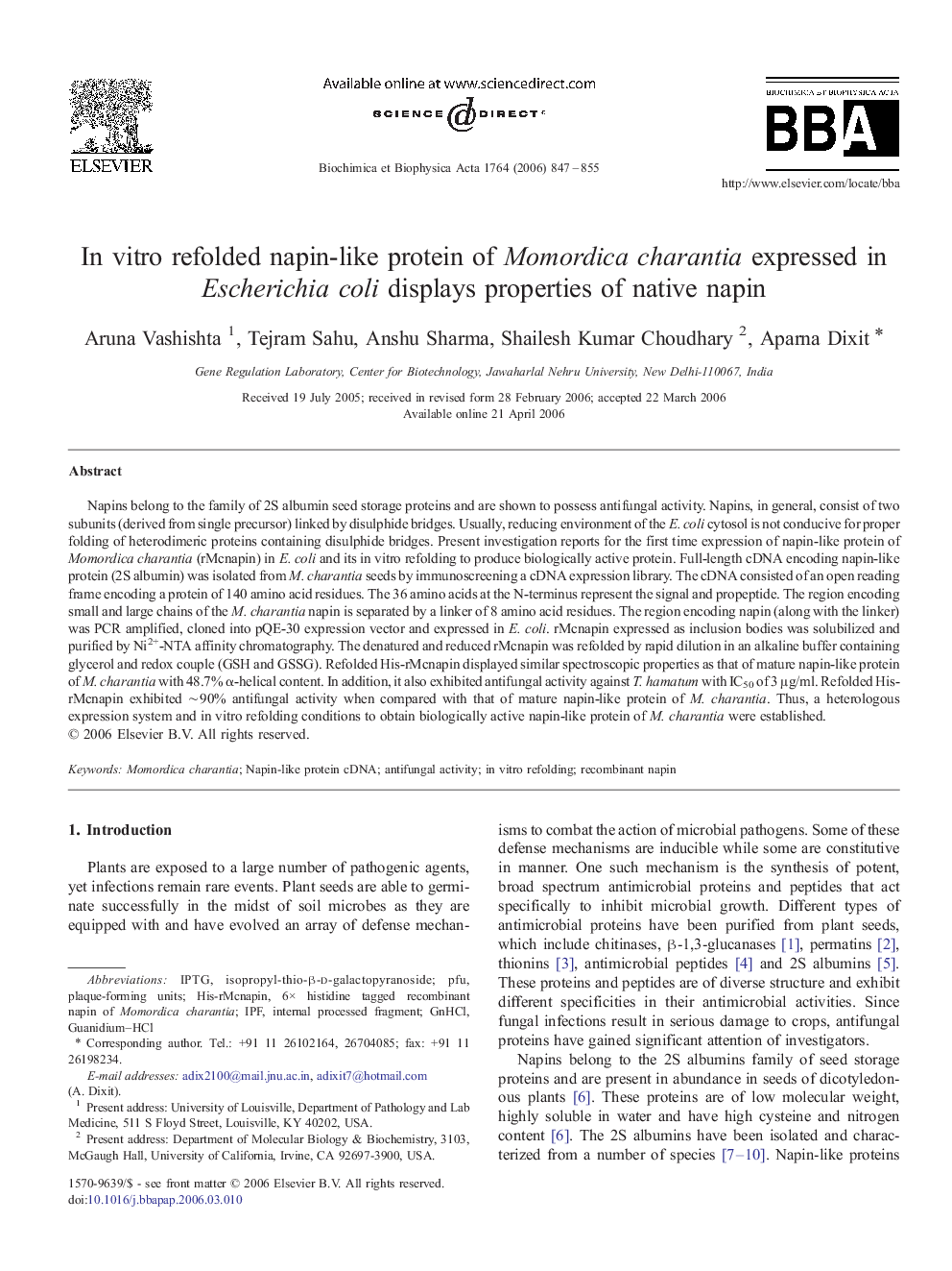 In vitro refolded napin-like protein of Momordica charantia expressed in Escherichia coli displays properties of native napin