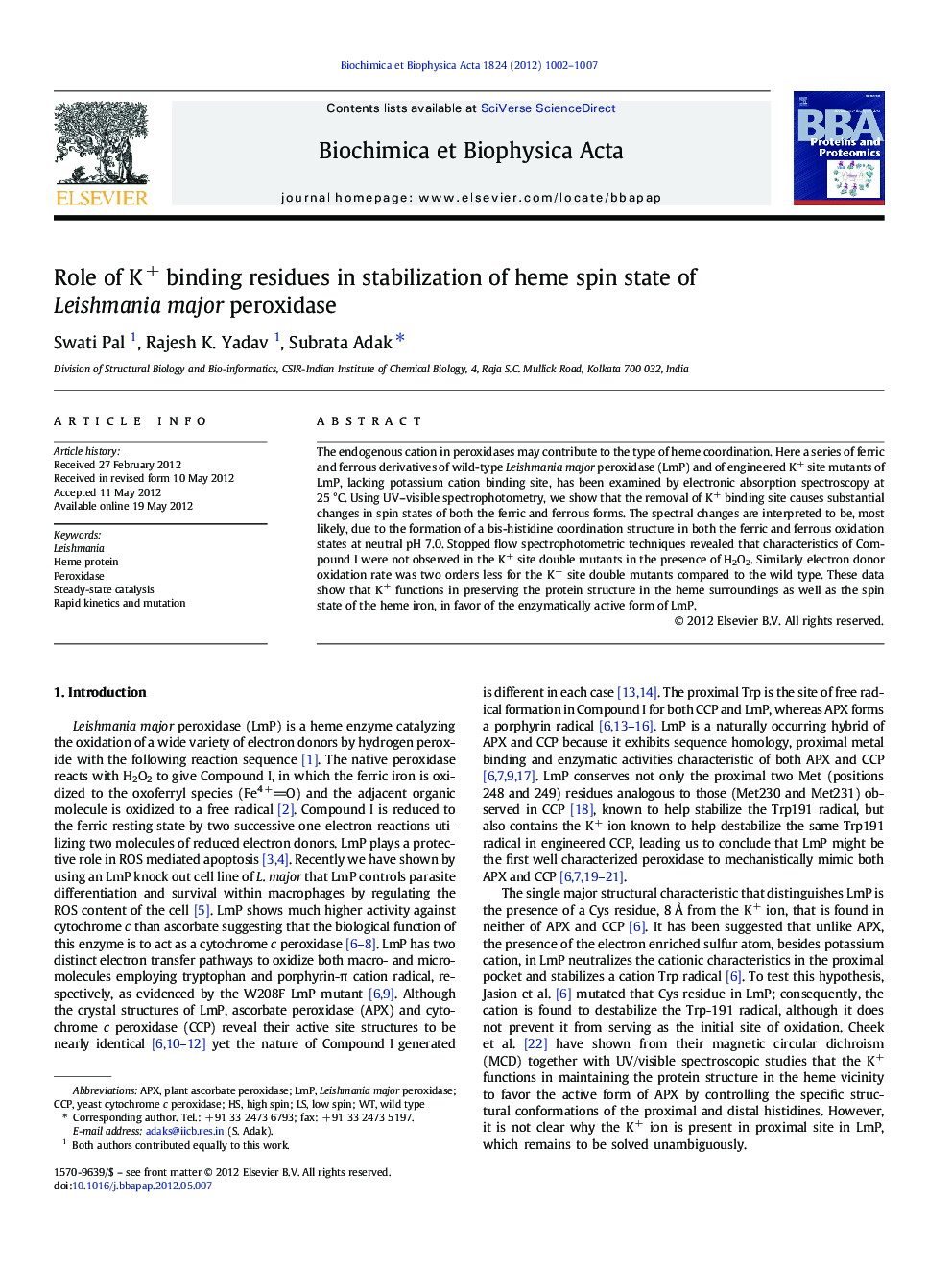 Role of K+ binding residues in stabilization of heme spin state of Leishmania major peroxidase