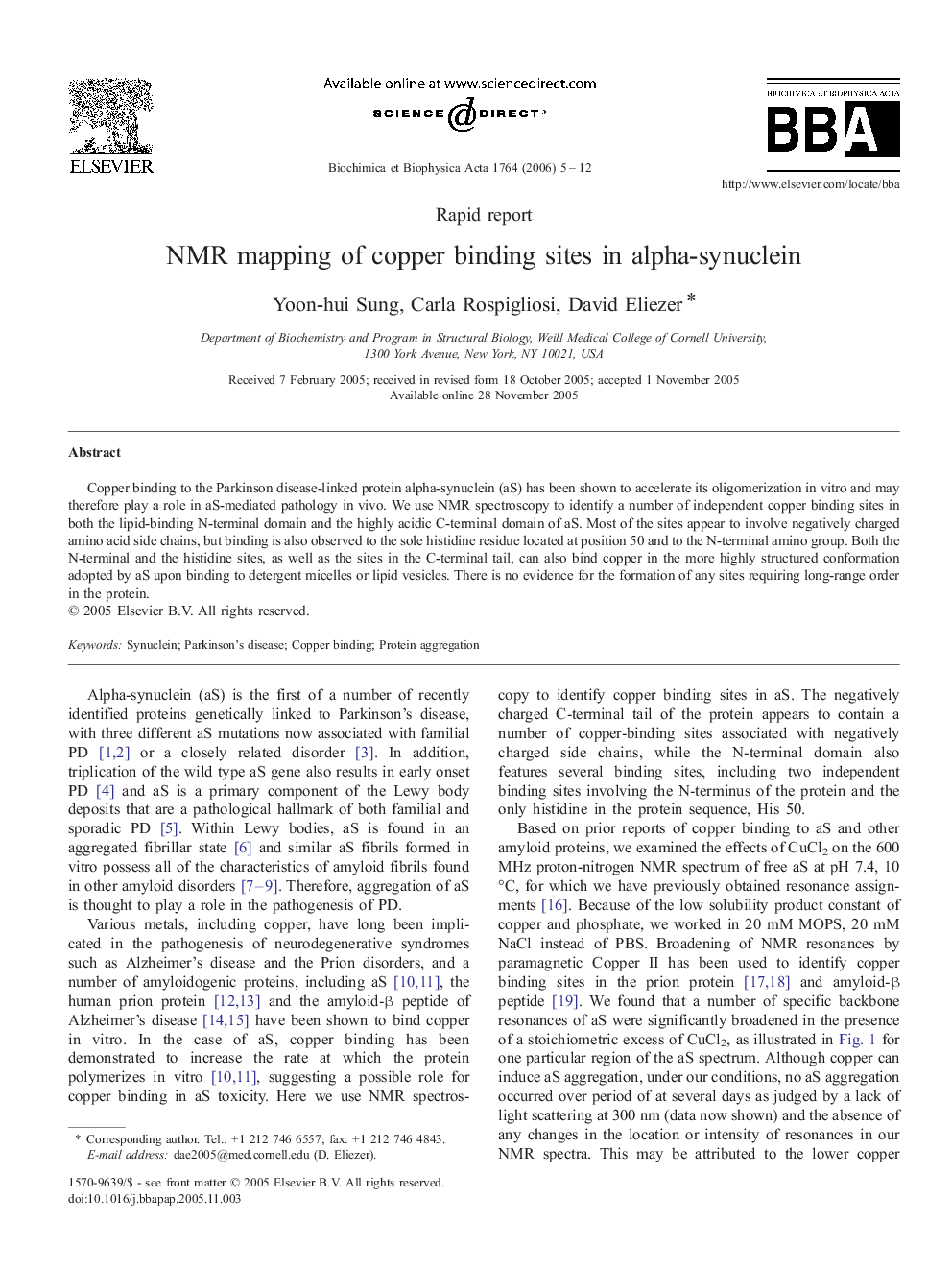 NMR mapping of copper binding sites in alpha-synuclein