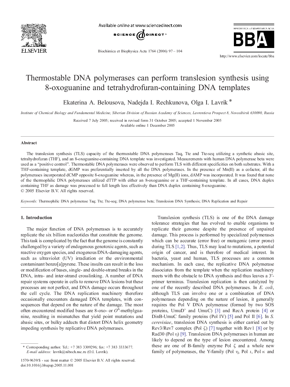 Thermostable DNA polymerases can perform translesion synthesis using 8-oxoguanine and tetrahydrofuran-containing DNA templates