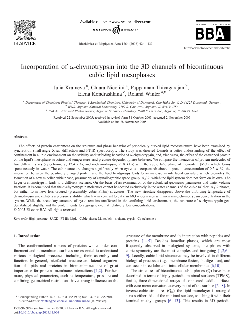 Incorporation of α-chymotrypsin into the 3D channels of bicontinuous cubic lipid mesophases