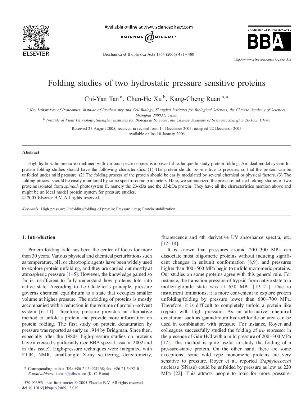 Folding studies of two hydrostatic pressure sensitive proteins