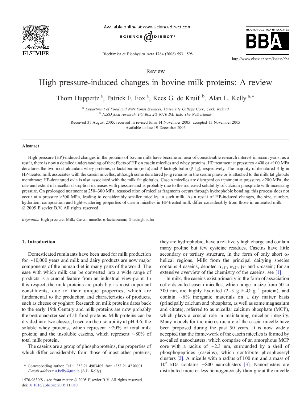 High pressure-induced changes in bovine milk proteins: A review