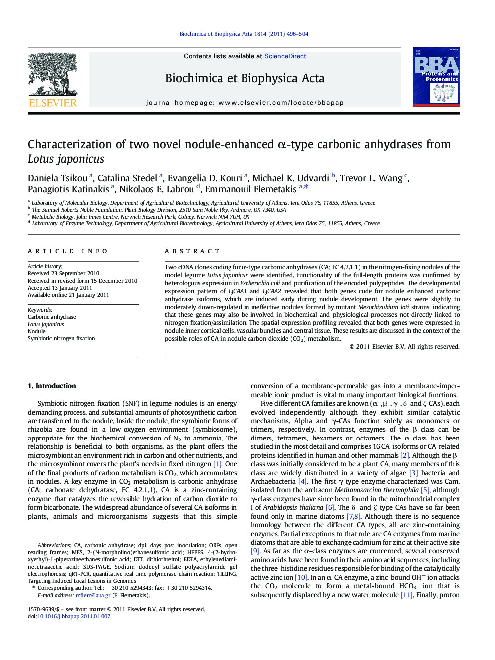 Characterization of two novel nodule-enhanced α-type carbonic anhydrases from Lotus japonicus